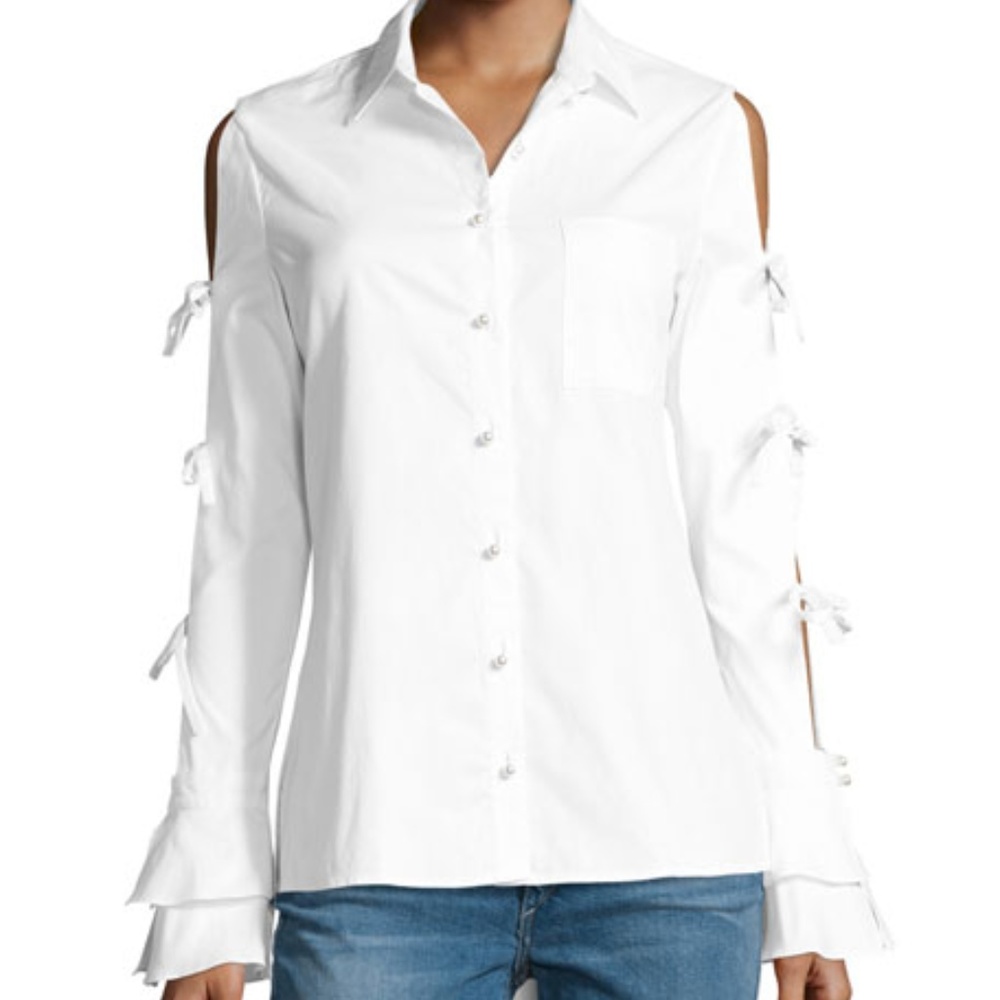 Pearly-Button Tie-Sleeve Oxford Shirt